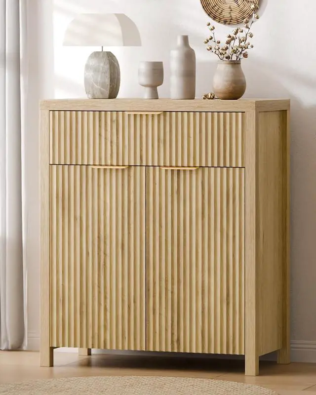 Main image of Fluted Buffet Cabinet for Kitchen, 28.3" Sideboard Cabinet Natural | Adjustable Shelves, Quiet Full-Extension Slides, Curved Metal Handle, Coffee Bar with Drawers for Dining Room, Entryway