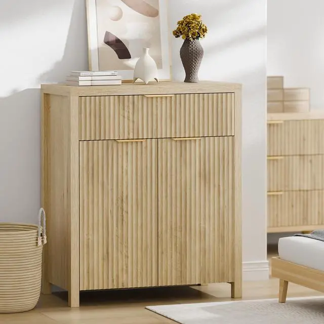 Alt view image 6 of 6 - Fluted Buffet Cabinet for Kitchen, 28.3" Sideboard Cabinet Natural | Adjustable Shelves, Quiet Full-Extension Slides, Curved Metal Handle, Coffee Bar with Drawers for Dining Room, Entryway