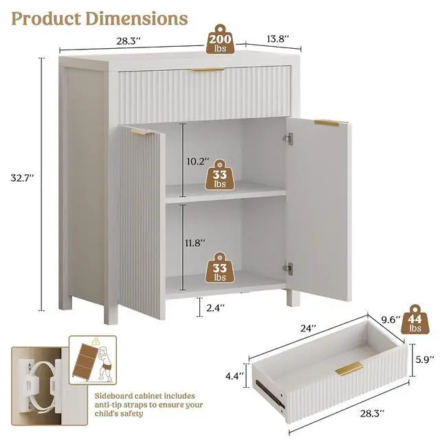 Alt view image 2 of 7 - Fluted Buffet Cabinet for Kitchen, 28.3" Sideboard Cabinet White | Adjustable Shelves, Quiet Full-Extension Slides, Curved Metal Handle, Coffee Bar with Drawers for Dining Room, Entryway