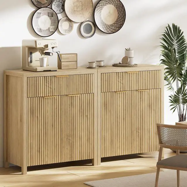 Alt view image 5 of 6 - Fluted Buffet Cabinet for Kitchen, 28.3" Sideboard Cabinet Natural | Adjustable Shelves, Quiet Full-Extension Slides, Curved Metal Handle, Coffee Bar with Drawers for Dining Room, Entryway
