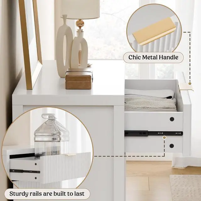 Alt view image 3 of 7 - Fluted Buffet Cabinet for Kitchen, 28.3" Sideboard Cabinet White | Adjustable Shelves, Quiet Full-Extension Slides, Curved Metal Handle, Coffee Bar with Drawers for Dining Room, Entryway