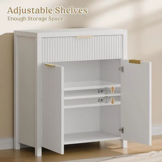Alt view image 4 of 7 - Fluted Buffet Cabinet for Kitchen, 28.3" Sideboard Cabinet White | Adjustable Shelves, Quiet Full-Extension Slides, Curved Metal Handle, Coffee Bar with Drawers for Dining Room, Entryway