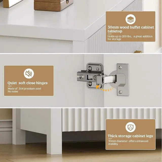 Alt view image 5 of 7 - Fluted Buffet Cabinet for Kitchen, 28.3" Sideboard Cabinet White | Adjustable Shelves, Quiet Full-Extension Slides, Curved Metal Handle, Coffee Bar with Drawers for Dining Room, Entryway