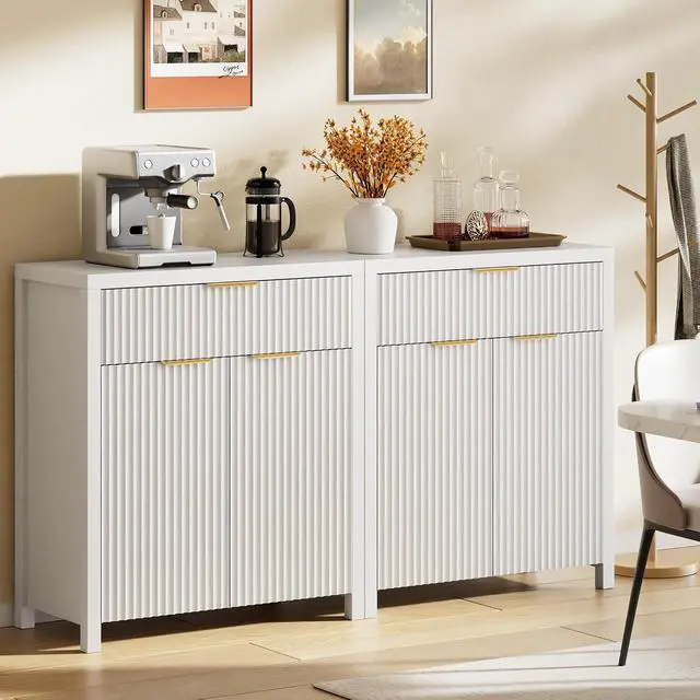 Alt view image 6 of 7 - Fluted Buffet Cabinet for Kitchen, 28.3" Sideboard Cabinet White | Adjustable Shelves, Quiet Full-Extension Slides, Curved Metal Handle, Coffee Bar with Drawers for Dining Room, Entryway