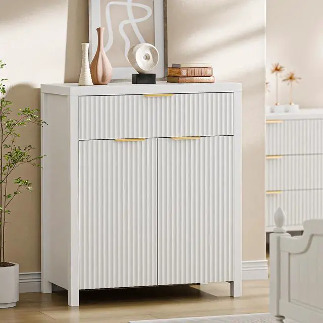 Alt view image 7 of 7 - Fluted Buffet Cabinet for Kitchen, 28.3" Sideboard Cabinet White | Adjustable Shelves, Quiet Full-Extension Slides, Curved Metal Handle, Coffee Bar with Drawers for Dining Room, Entryway