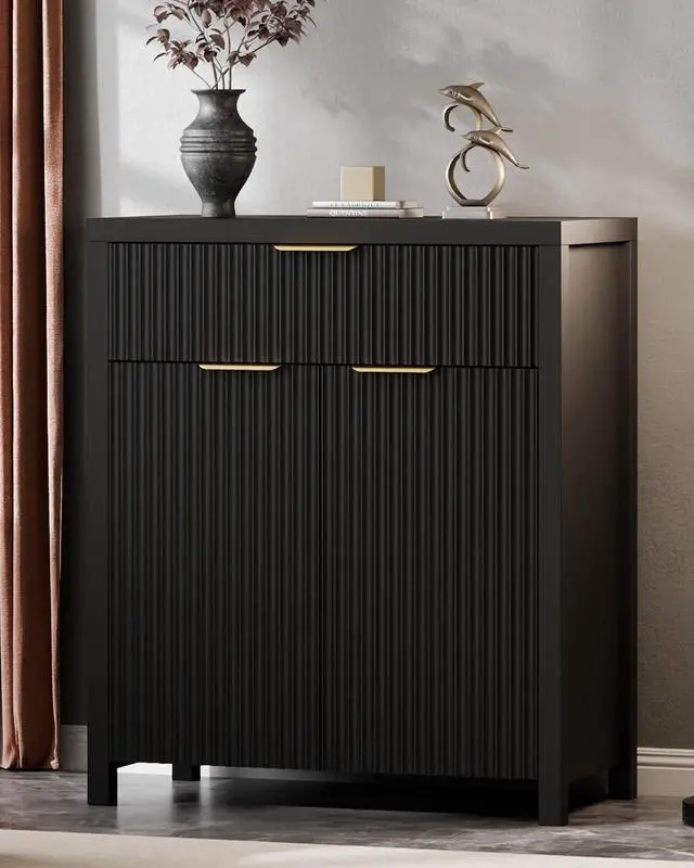 Main image of Fluted Buffet Cabinet for Kitchen, 28.3" Sideboard Cabinet Black | Adjustable Shelves, Quiet Full-Extension Slides, Curved Metal Handle, Coffee Bar with Drawers for Dining Room, Entryway