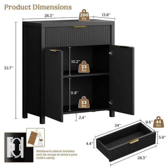 Alt view image 2 of 6 - Fluted Buffet Cabinet for Kitchen, 28.3" Sideboard Cabinet Black | Adjustable Shelves, Quiet Full-Extension Slides, Curved Metal Handle, Coffee Bar with Drawers for Dining Room, Entryway