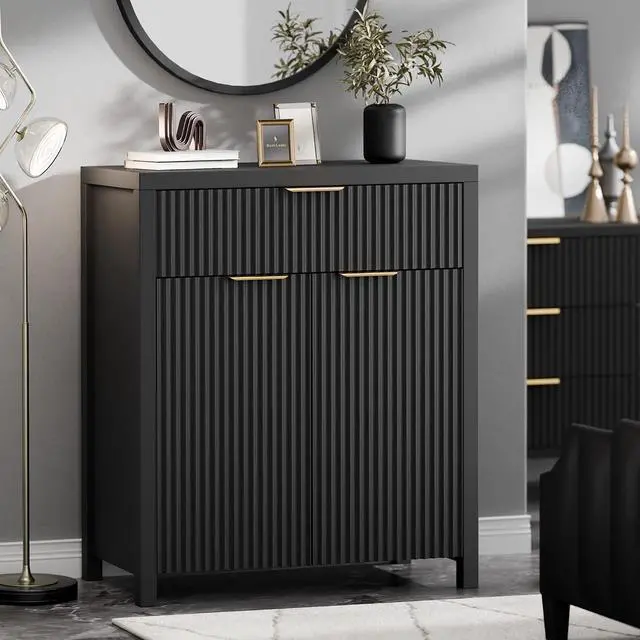 Alt view image 4 of 6 - Fluted Buffet Cabinet for Kitchen, 28.3" Sideboard Cabinet Black | Adjustable Shelves, Quiet Full-Extension Slides, Curved Metal Handle, Coffee Bar with Drawers for Dining Room, Entryway