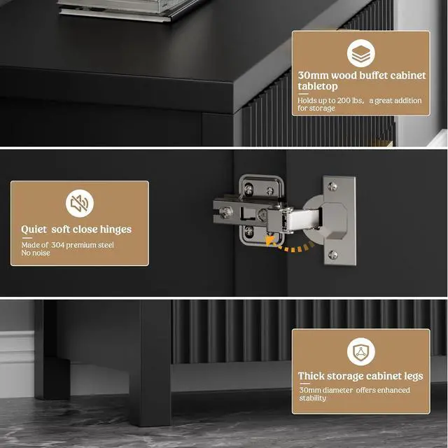 Alt view image 3 of 6 - Fluted Buffet Cabinet for Kitchen, 28.3" Sideboard Cabinet Black | Adjustable Shelves, Quiet Full-Extension Slides, Curved Metal Handle, Coffee Bar with Drawers for Dining Room, Entryway