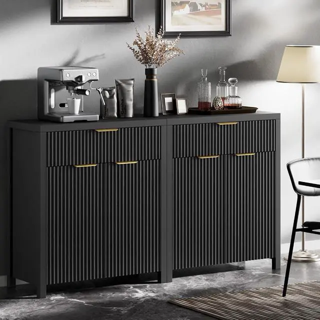 Alt view image 5 of 6 - Fluted Buffet Cabinet for Kitchen, 28.3" Sideboard Cabinet Black | Adjustable Shelves, Quiet Full-Extension Slides, Curved Metal Handle, Coffee Bar with Drawers for Dining Room, Entryway