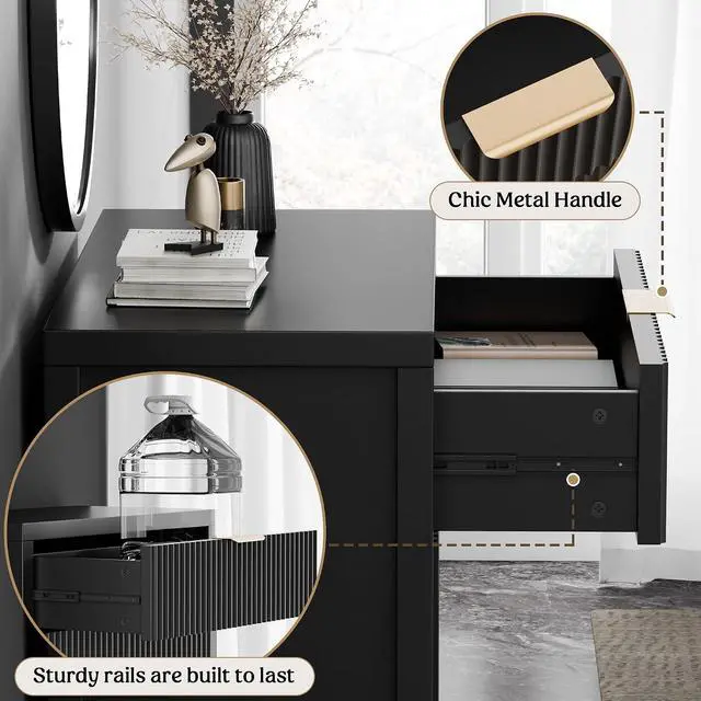 Alt view image 6 of 6 - Fluted Buffet Cabinet for Kitchen, 28.3" Sideboard Cabinet Black | Adjustable Shelves, Quiet Full-Extension Slides, Curved Metal Handle, Coffee Bar with Drawers for Dining Room, Entryway