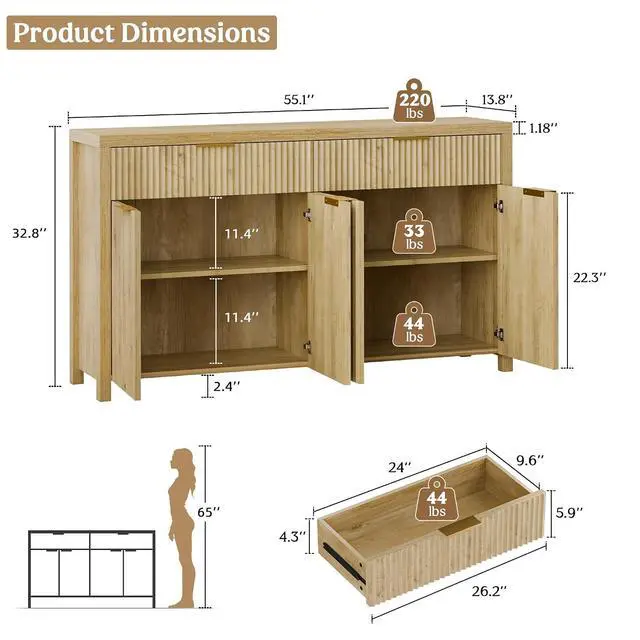 Alt view image 2 of 7 - Fluted Storage Cabinet with Drawers Buffet Sideboard Cabinet with Adjustable Shelves for Kitchen Living Room, Kitchen, Entryway (Natural, 13.8" D x 55.09" W x 32.8" H)