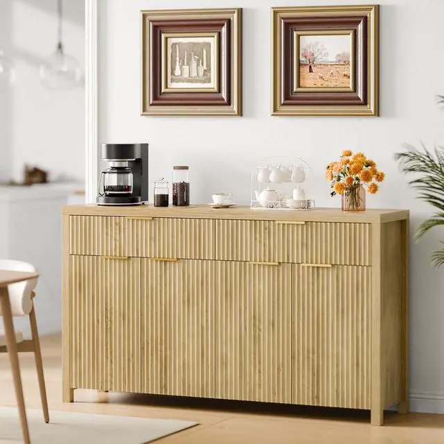Alt view image 3 of 7 - Fluted Storage Cabinet with Drawers Buffet Sideboard Cabinet with Adjustable Shelves for Kitchen Living Room, Kitchen, Entryway (Natural, 13.8" D x 55.09" W x 32.8" H)