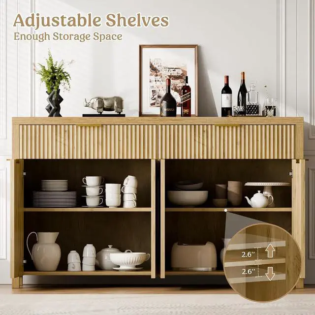 Alt view image 4 of 7 - Fluted Storage Cabinet with Drawers Buffet Sideboard Cabinet with Adjustable Shelves for Kitchen Living Room, Kitchen, Entryway (Natural, 13.8" D x 55.09" W x 32.8" H)