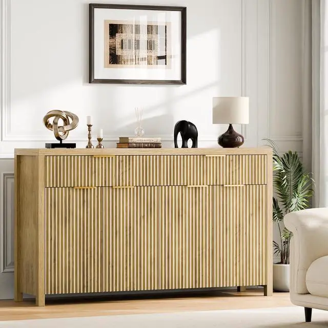 Main image of Fluted Storage Cabinet with Drawers Buffet Sideboard Cabinet with Adjustable Shelves for Kitchen Living Room, Kitchen, Entryway (Natural, 13.8" D x 55.09" W x 32.8" H)
