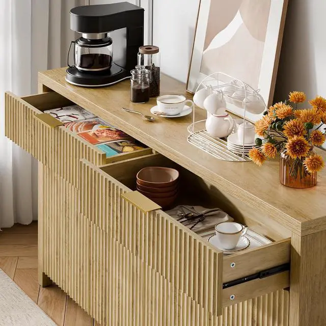 Alt view image 5 of 7 - Fluted Storage Cabinet with Drawers Buffet Sideboard Cabinet with Adjustable Shelves for Kitchen Living Room, Kitchen, Entryway (Natural, 13.8" D x 55.09" W x 32.8" H)