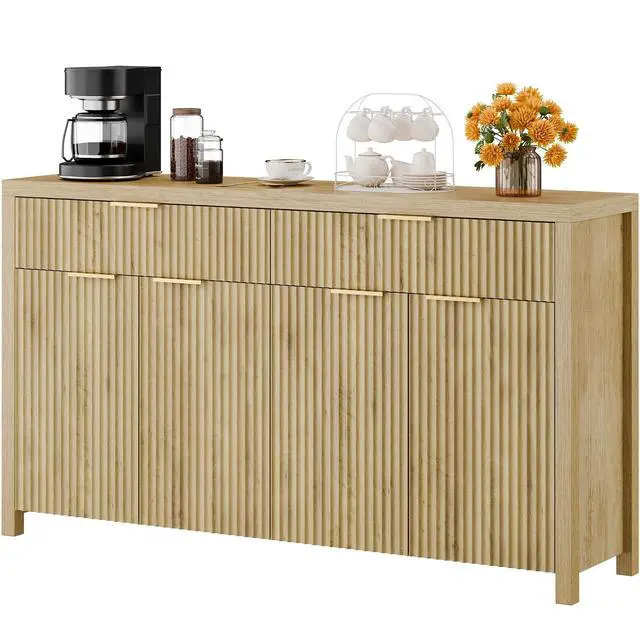 Alt view image 7 of 7 - Fluted Storage Cabinet with Drawers Buffet Sideboard Cabinet with Adjustable Shelves for Kitchen Living Room, Kitchen, Entryway (Natural, 13.8" D x 55.09" W x 32.8" H)