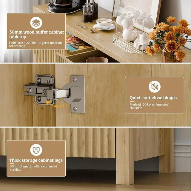 Alt view image 6 of 7 - Fluted Storage Cabinet with Drawers Buffet Sideboard Cabinet with Adjustable Shelves for Kitchen Living Room, Kitchen, Entryway (Natural, 13.8" D x 55.09" W x 32.8" H)