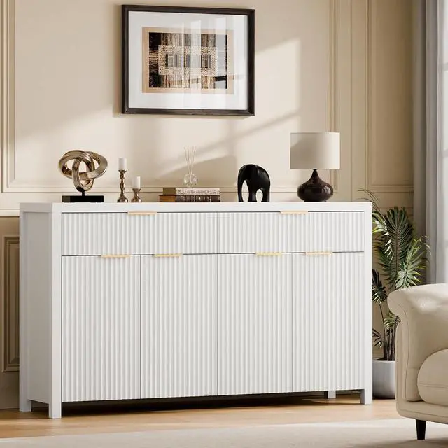 Main image of Fluted Storage Cabinet with Drawers Buffet Sideboard Cabinet with Adjustable Shelves for Kitchen Living Room, Kitchen, Entryway (White, 13.8" D x 55.09" W x 32.8" H)