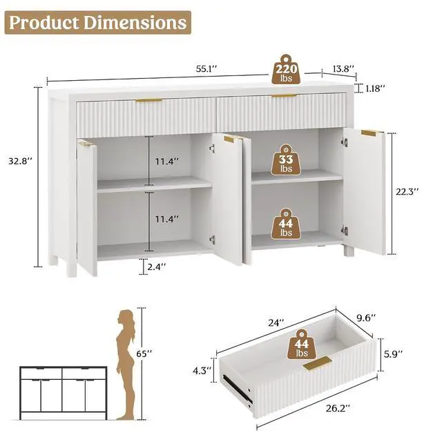 Alt view image 2 of 7 - Fluted Storage Cabinet with Drawers Buffet Sideboard Cabinet with Adjustable Shelves for Kitchen Living Room, Kitchen, Entryway (White, 13.8" D x 55.09" W x 32.8" H)