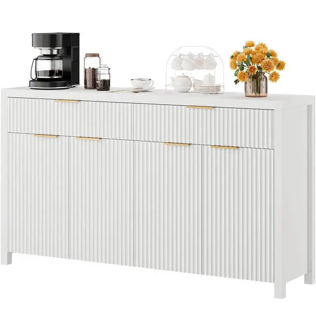 Alt view image 3 of 7 - Fluted Storage Cabinet with Drawers Buffet Sideboard Cabinet with Adjustable Shelves for Kitchen Living Room, Kitchen, Entryway (White, 13.8" D x 55.09" W x 32.8" H)