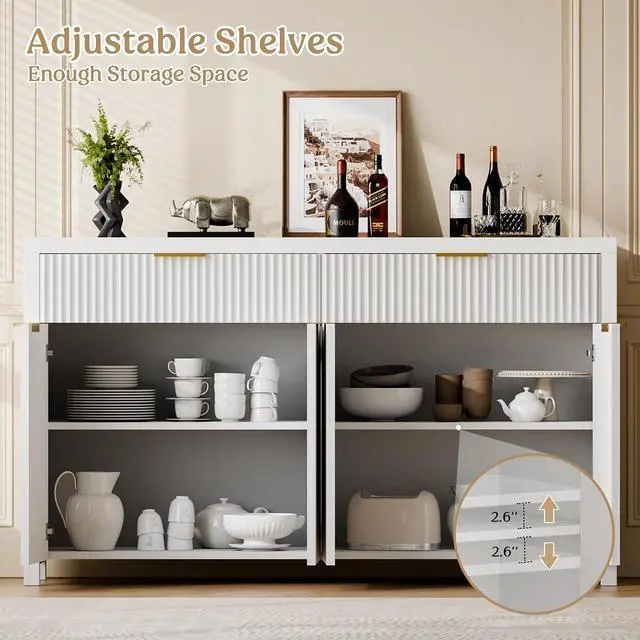 Alt view image 4 of 7 - Fluted Storage Cabinet with Drawers Buffet Sideboard Cabinet with Adjustable Shelves for Kitchen Living Room, Kitchen, Entryway (White, 13.8" D x 55.09" W x 32.8" H)