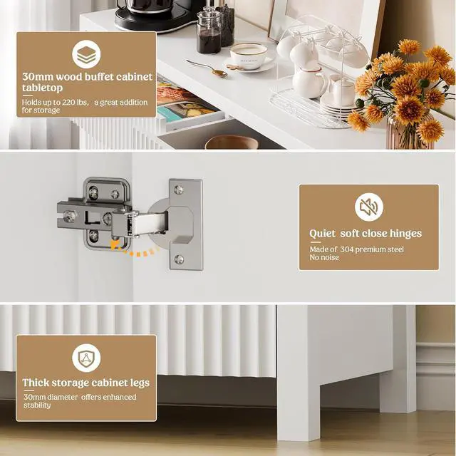 Alt view image 6 of 7 - Fluted Storage Cabinet with Drawers Buffet Sideboard Cabinet with Adjustable Shelves for Kitchen Living Room, Kitchen, Entryway (White, 13.8" D x 55.09" W x 32.8" H)