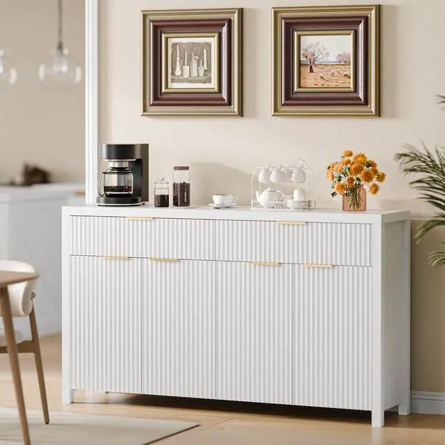 Alt view image 7 of 7 - Fluted Storage Cabinet with Drawers Buffet Sideboard Cabinet with Adjustable Shelves for Kitchen Living Room, Kitchen, Entryway (White, 13.8" D x 55.09" W x 32.8" H)