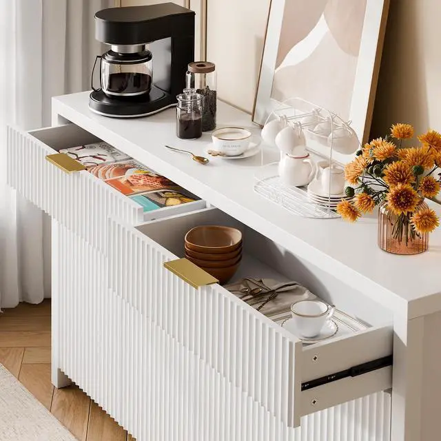 Alt view image 5 of 7 - Fluted Storage Cabinet with Drawers Buffet Sideboard Cabinet with Adjustable Shelves for Kitchen Living Room, Kitchen, Entryway (White, 13.8" D x 55.09" W x 32.8" H)
