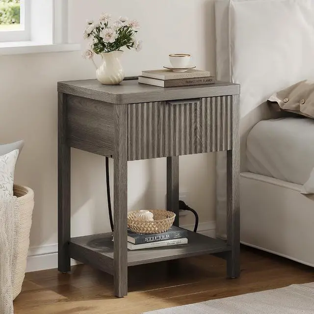 Alt view image 2 of 7 - 2-Pack Fluted Nightstands with Charging Station, Modern Wood Bedside Tables with Storage Drawer for Bedroom, Space-Saving End Tables Dark Grey Oak