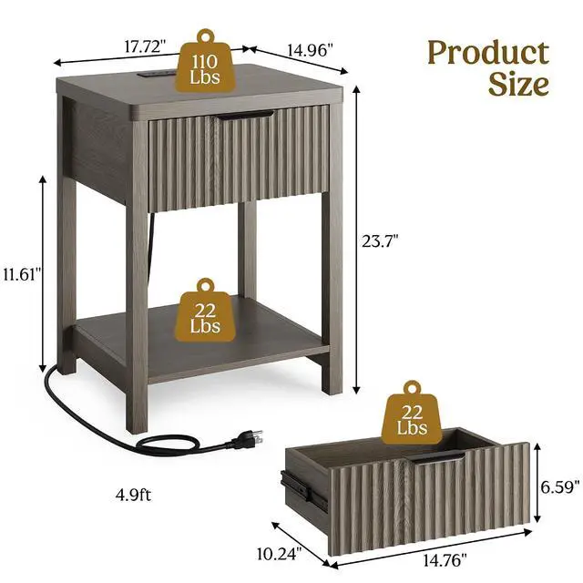Alt view image 3 of 7 - 2-Pack Fluted Nightstands with Charging Station, Modern Wood Bedside Tables with Storage Drawer for Bedroom, Space-Saving End Tables Dark Grey Oak