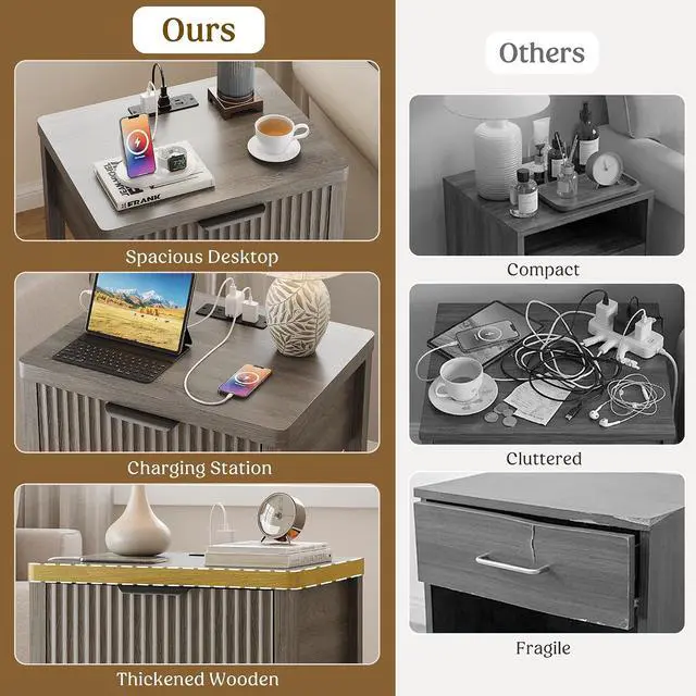 Alt view image 4 of 7 - 2-Pack Fluted Nightstands with Charging Station, Modern Wood Bedside Tables with Storage Drawer for Bedroom, Space-Saving End Tables Dark Grey Oak