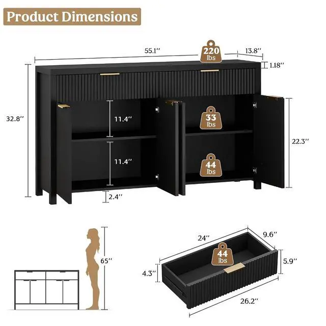 Alt view image 2 of 7 - Fluted Storage Cabinet with Drawers Buffet Sideboard Cabinet with Adjustable Shelves for Kitchen Living Room, Kitchen, Entryway (Black, 13.8" D x 55.09" W x 32.8" H)