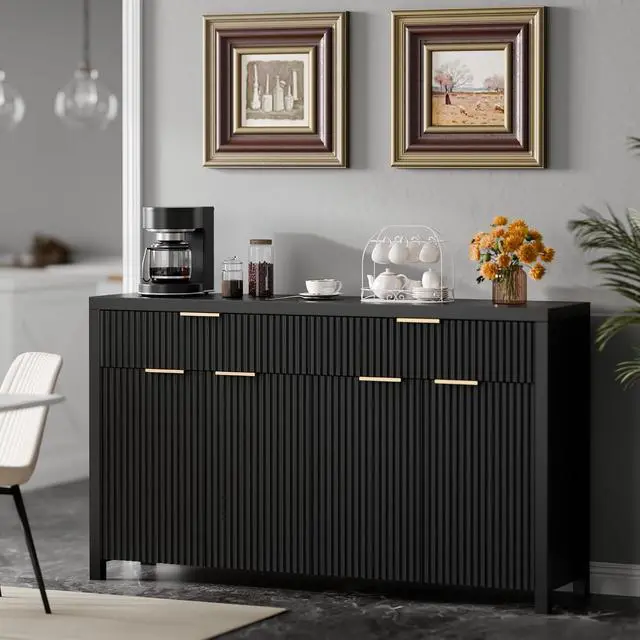 Alt view image 3 of 7 - Fluted Storage Cabinet with Drawers Buffet Sideboard Cabinet with Adjustable Shelves for Kitchen Living Room, Kitchen, Entryway (Black, 13.8" D x 55.09" W x 32.8" H)