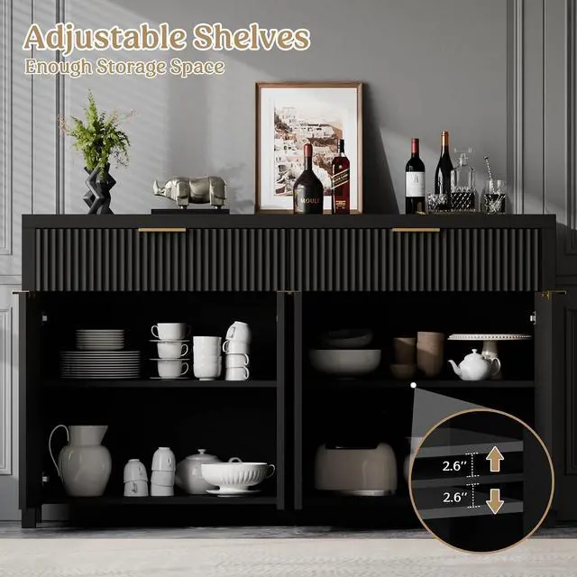Alt view image 4 of 7 - Fluted Storage Cabinet with Drawers Buffet Sideboard Cabinet with Adjustable Shelves for Kitchen Living Room, Kitchen, Entryway (Black, 13.8" D x 55.09" W x 32.8" H)