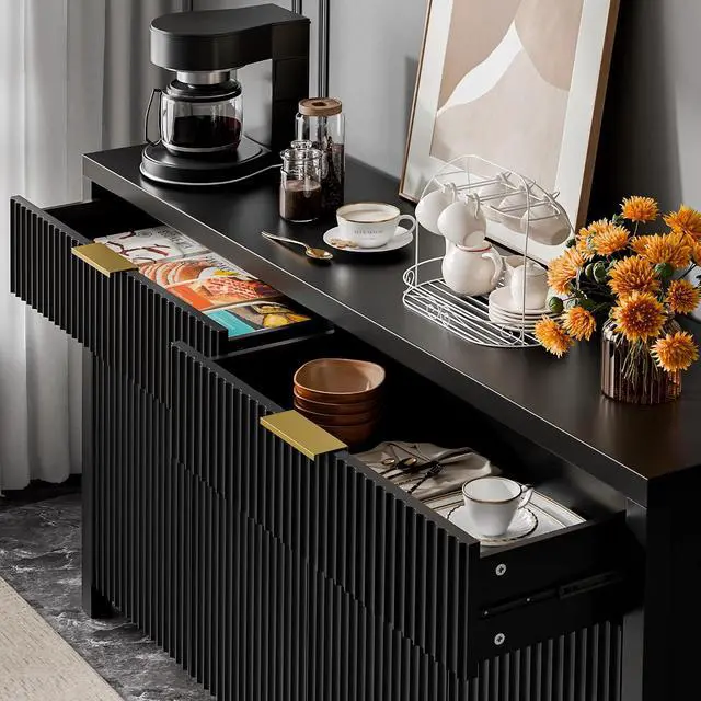 Alt view image 5 of 7 - Fluted Storage Cabinet with Drawers Buffet Sideboard Cabinet with Adjustable Shelves for Kitchen Living Room, Kitchen, Entryway (Black, 13.8" D x 55.09" W x 32.8" H)