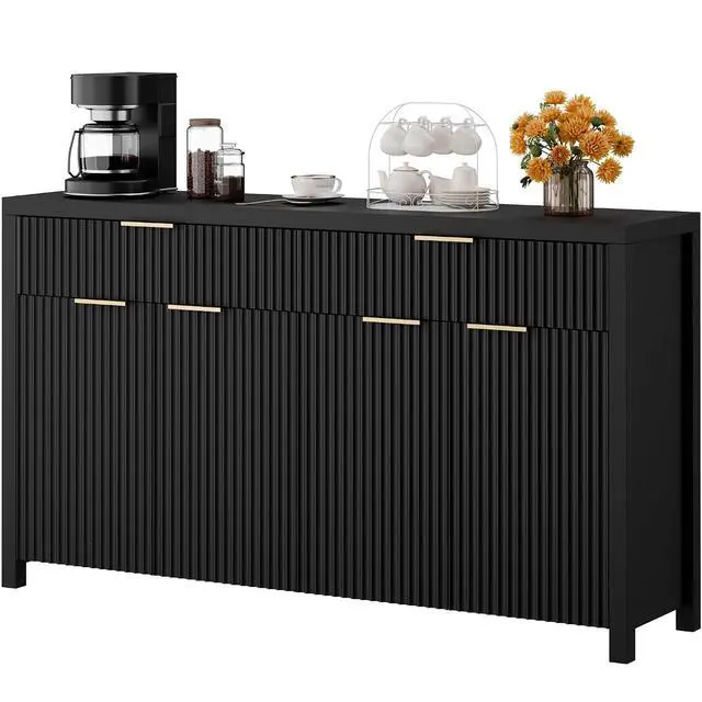 Alt view image 7 of 7 - Fluted Storage Cabinet with Drawers Buffet Sideboard Cabinet with Adjustable Shelves for Kitchen Living Room, Kitchen, Entryway (Black, 13.8" D x 55.09" W x 32.8" H)