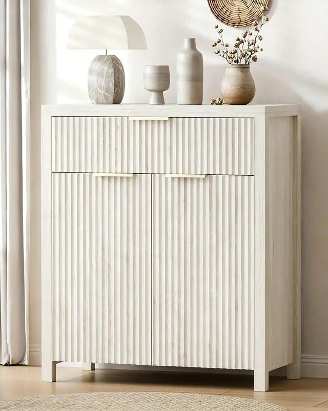 Main image of Fluted Storage Cabinet with Drawers Buffet Sideboard Cabinet with Adjustable Shelves for Kitchen Living Room, Kitchen, Entryway (White Oak, 13.8" D x 28.3" W x 32.7" H)