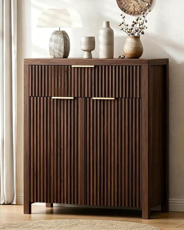 Main image of Fluted Storage Cabinet with Drawers Buffet Sideboard Cabinet with Adjustable Shelves for Kitchen Living Room, Kitchen, Entryway (Brown, 13.8" D x 28.3" W x 32.7" H)