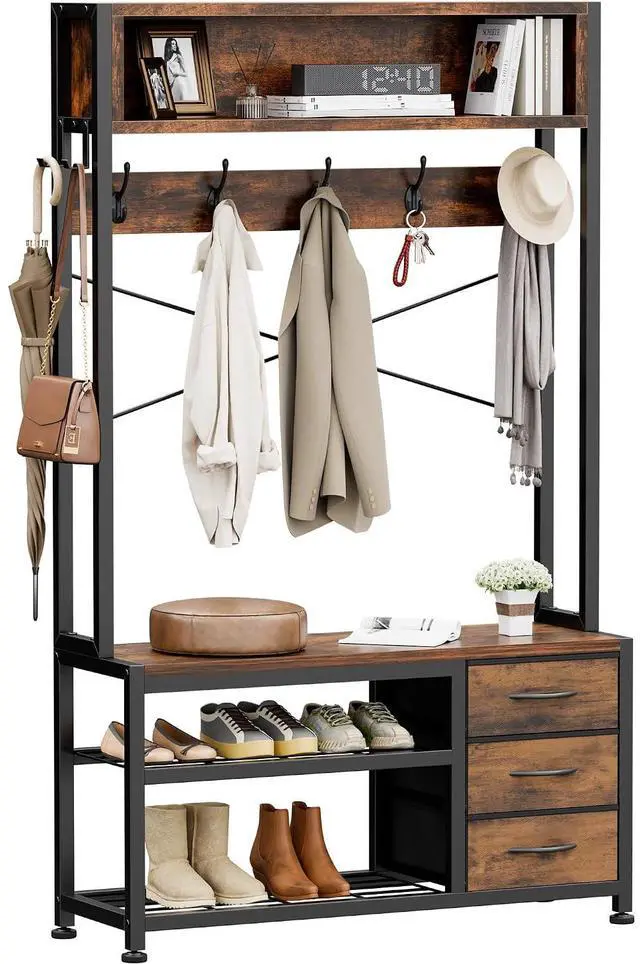 Main image of Hall Tree with Bench and Shoe Storage, 31.5" Coat Rack Freestanding with 2-Tier Storage Shelf, 6-in-1 Entryway Bench Coat Rack with 12 Hooks and 3 Drawers(Rustic Brown)