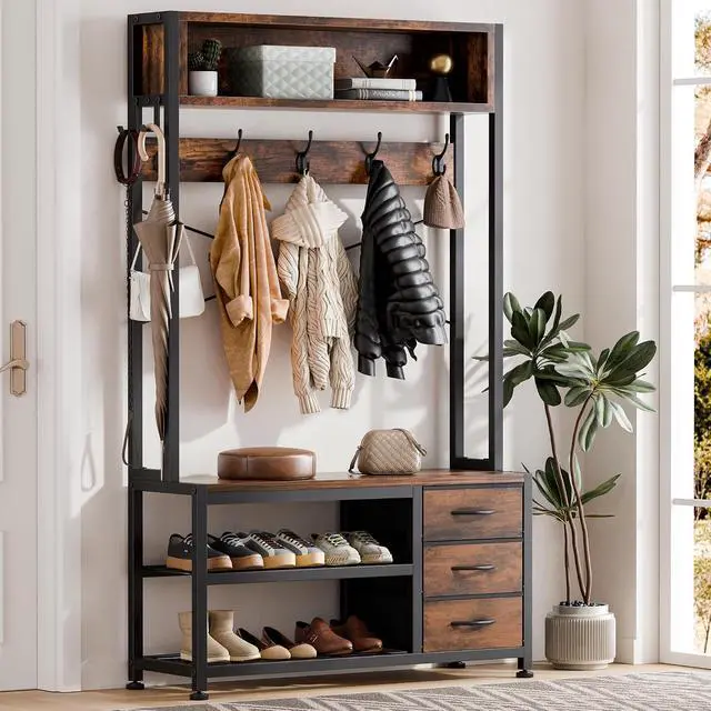 Alt view image 2 of 7 - Hall Tree with Bench and Shoe Storage, 31.5" Coat Rack Freestanding with 2-Tier Storage Shelf, 6-in-1 Entryway Bench Coat Rack with 12 Hooks and 3 Drawers(Rustic Brown)