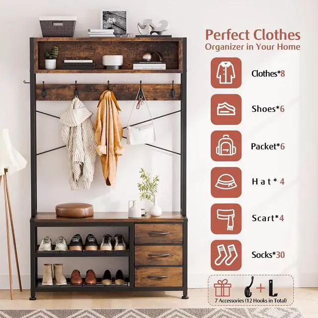 Alt view image 3 of 7 - Hall Tree with Bench and Shoe Storage, 31.5" Coat Rack Freestanding with 2-Tier Storage Shelf, 6-in-1 Entryway Bench Coat Rack with 12 Hooks and 3 Drawers(Rustic Brown)