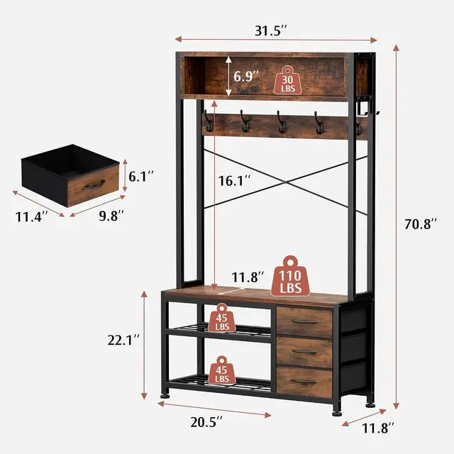 Alt view image 4 of 7 - Hall Tree with Bench and Shoe Storage, 31.5" Coat Rack Freestanding with 2-Tier Storage Shelf, 6-in-1 Entryway Bench Coat Rack with 12 Hooks and 3 Drawers(Rustic Brown)