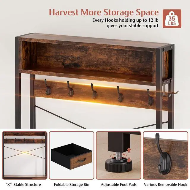 Alt view image 5 of 7 - Hall Tree with Bench and Shoe Storage, 31.5" Coat Rack Freestanding with 2-Tier Storage Shelf, 6-in-1 Entryway Bench Coat Rack with 12 Hooks and 3 Drawers(Rustic Brown)