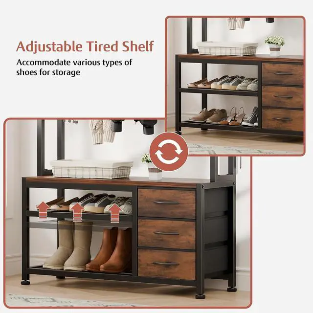 Alt view image 6 of 7 - Hall Tree with Bench and Shoe Storage, 31.5" Coat Rack Freestanding with 2-Tier Storage Shelf, 6-in-1 Entryway Bench Coat Rack with 12 Hooks and 3 Drawers(Rustic Brown)