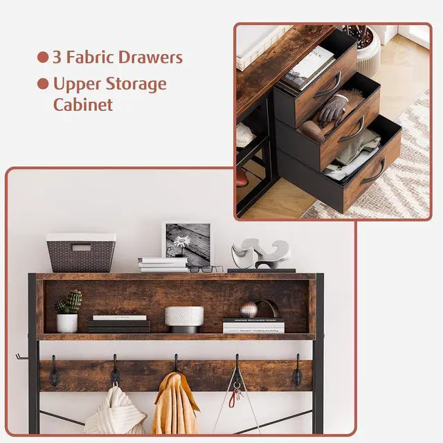 Alt view image 7 of 7 - Hall Tree with Bench and Shoe Storage, 31.5" Coat Rack Freestanding with 2-Tier Storage Shelf, 6-in-1 Entryway Bench Coat Rack with 12 Hooks and 3 Drawers(Rustic Brown)