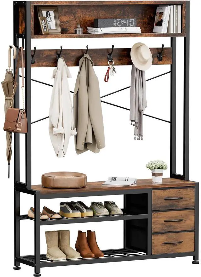 Main image of Hall Tree with 3 Drawers, Industrial Entryway 39.4" Coat Rack Shoe Bench, Freestanding Mudroom Organizer with 12 Hooks, Top Shelf Storage (Rustic Brown)