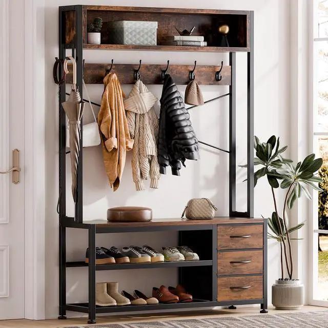 Alt view image 2 of 7 - Hall Tree with 3 Drawers, Industrial Entryway 39.4" Coat Rack Shoe Bench, Freestanding Mudroom Organizer with 12 Hooks, Top Shelf Storage (Rustic Brown)