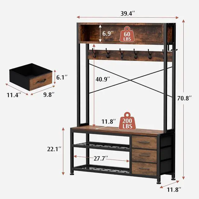 Alt view image 3 of 7 - Hall Tree with 3 Drawers, Industrial Entryway 39.4" Coat Rack Shoe Bench, Freestanding Mudroom Organizer with 12 Hooks, Top Shelf Storage (Rustic Brown)