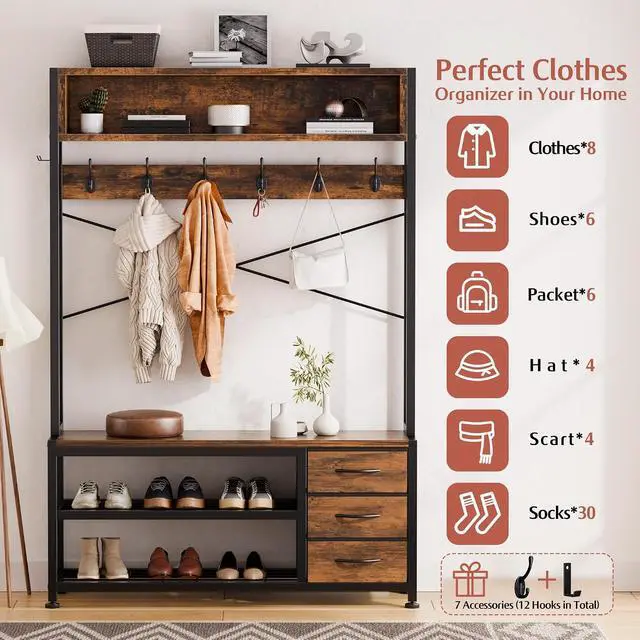 Alt view image 4 of 7 - Hall Tree with 3 Drawers, Industrial Entryway 39.4" Coat Rack Shoe Bench, Freestanding Mudroom Organizer with 12 Hooks, Top Shelf Storage (Rustic Brown)